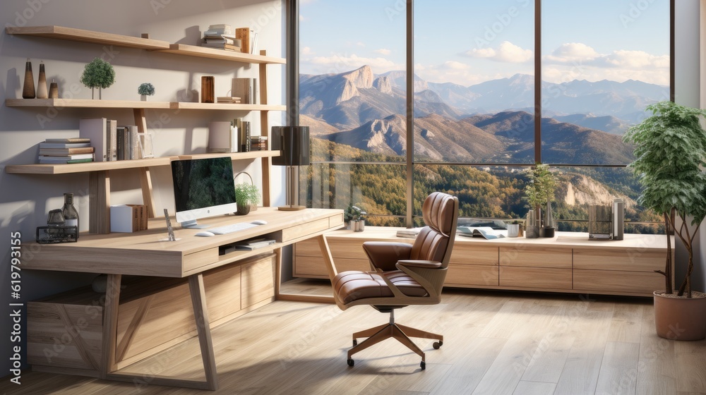 Modern working space interior with window view on a beautiful mountains