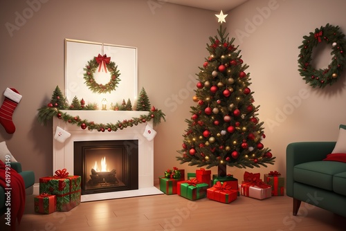 Christmas tree with gifts under it in a modern interior near the fireplace. Ai generative.