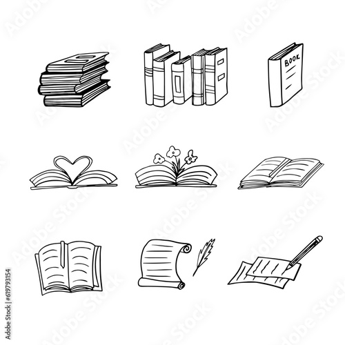 Set elements of books in doodle school set. Hand drawn vector illustration for cards, posters, stickers and professional design.