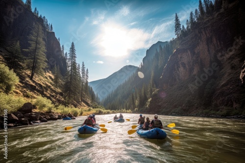 Rafting on a fast powerful mountain river. Generative AI © YouraPechkin