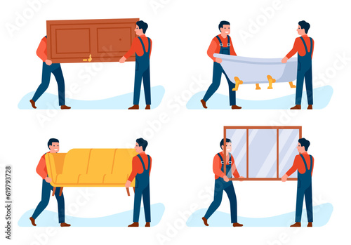 Movers carry different loads. Man in overalls moving doors and windows. Bathtub and couch. House repair. Bath and sofa renovation. Furniture transportation vector set Goods shipping.