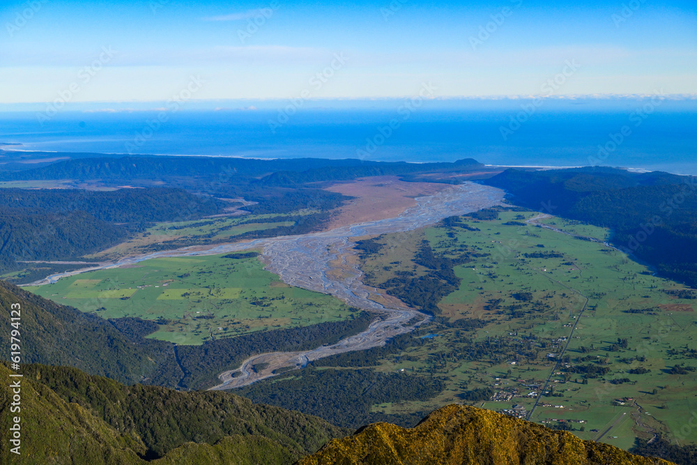 An Aerial view of Cook River looking over the Tasman Sea in New Zealand. An Aerial view of Cook River looking over the Tasman Sea in New Zealand.