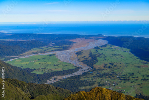 An Aerial view of Cook River looking over the Tasman Sea in New Zealand.  © south west images