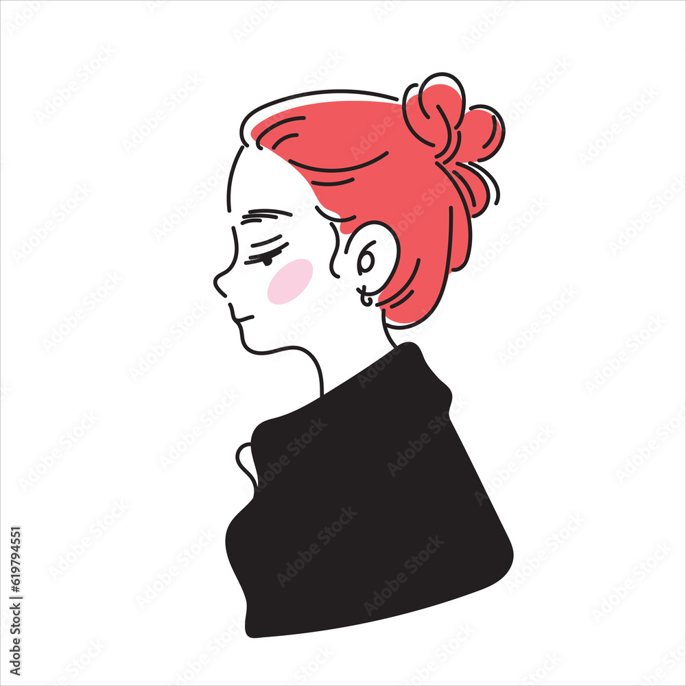 Fashionable flat hand drawn vector illustration of a girl with red hair in profile.