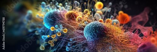 macro image of viruses and bacteria in tissues, colorful vivid background microbiological microlife, macro bokeh depth of field