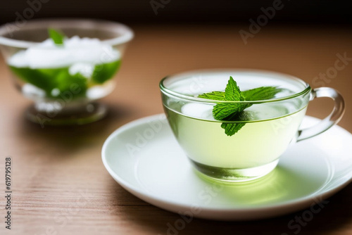 A cup of green tea with herb on it