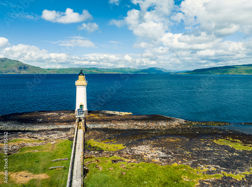 Rubha nan Gall from a drone, Tobermory Lighthouse, Tobermory, Isle of Mull, Scotland, UK photo