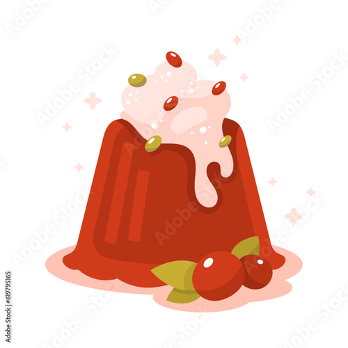 Berry sweet dessert, jelly with cream. Flat vector illustration isolated on white background.