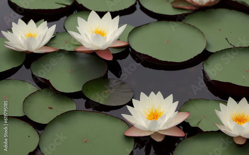  Calm pond with white water lilies. Generative AI