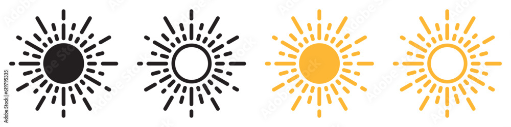 Set of sun icons. Sunshine, solar symbol. Sunset, summer, sunrise, sunshine, screen brightness. Decorative circle with rays. Vector. Set of sun icons. Sunshine, solar symbol. Sunset, summer, sunrise, sunshine, screen brightness. Decorative circle with rays. Vector.