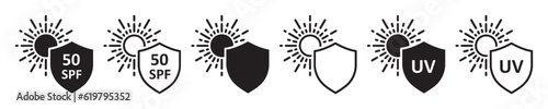 Set of sun protection shield icons. Protection from sun radiation and ultraviolet, SPF 50, UV. Sun block, radiation, shield and sun. Damaging effects of ultraviolet light exposure for people skin. 