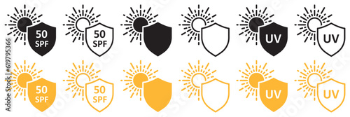 Set of sun protection shield icons. Protection from sun radiation and ultraviolet, SPF 50, UV. Sun block, radiation, shield and sun. Damaging effects of ultraviolet light exposure for people skin. 
