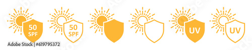Set of sun protection shield icons. Protection from sun radiation and ultraviolet, SPF 50, UV. Sun block, radiation, shield and sun. Damaging effects of ultraviolet light exposure for people skin. 