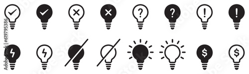 Set of light bulb icons. Lamp with check marks and signs, light bulbs with different symbols. Vector illustration.