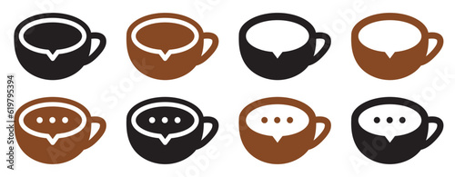 Set of cup of coffee with speech bubble. Coffee cup logo, coffee shop. Vector illustration.