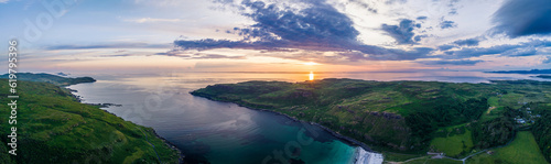 Panorama of Sunset over Calgary Beach and Bay from a drone, Isle of Mull, Scottish Inner Hebrides, Scotland, UK