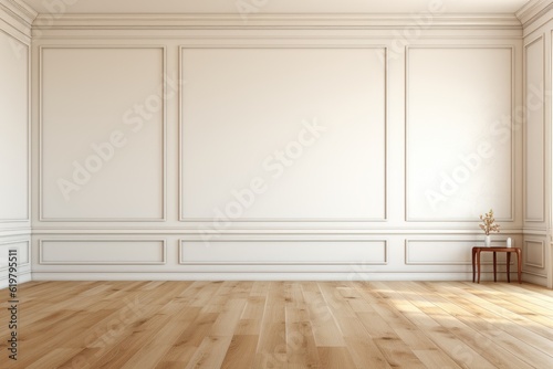 Еmpty room with white wall and wooden floor generative ai © 3D Lab Academy