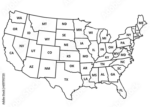 usa country map with state names in white background