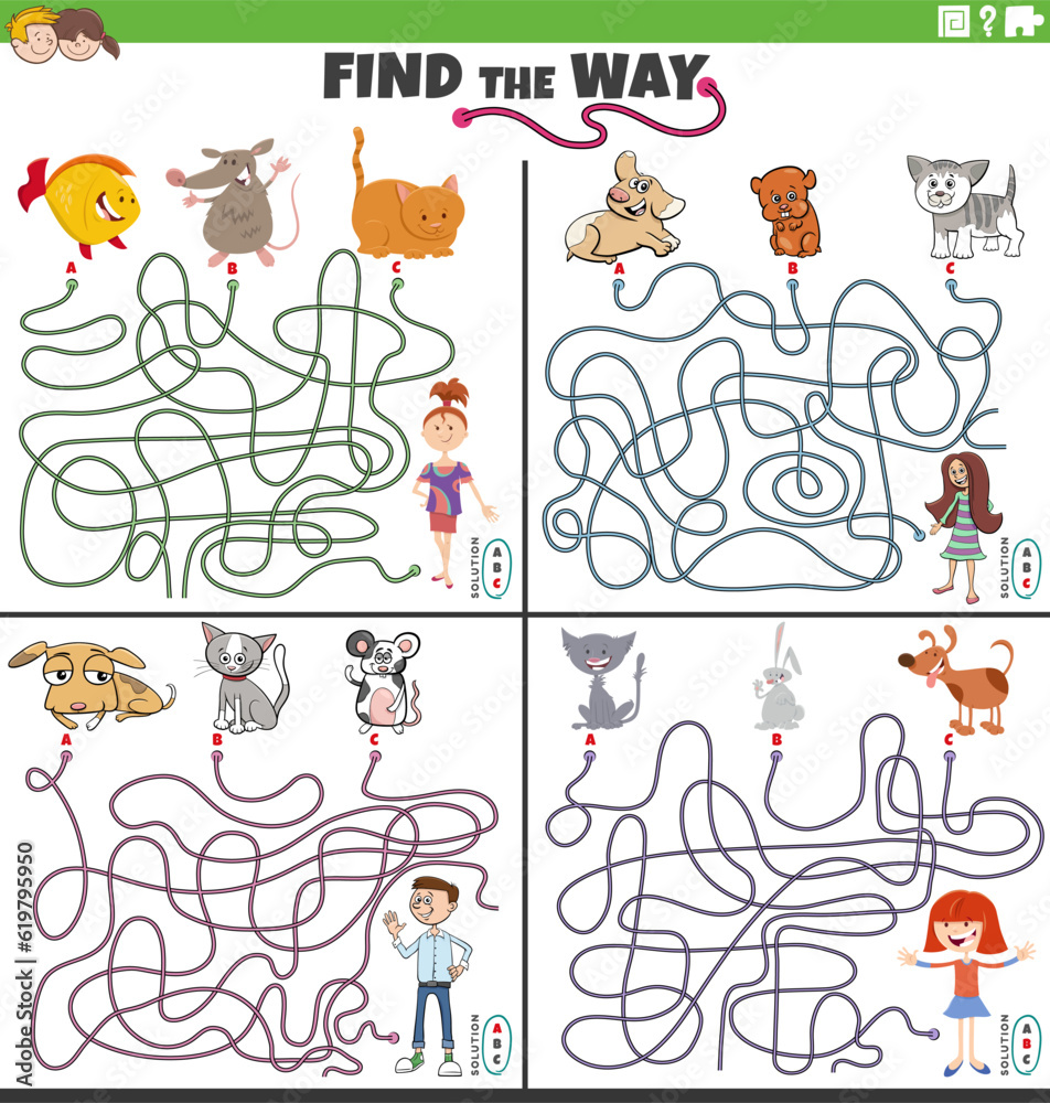 find the way maze games set with cartoon children and pets