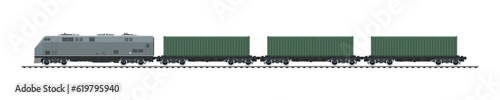 Railway freight wagons, locomotive with cargo container on railroad platform , railway and container transport banner, vector illustration