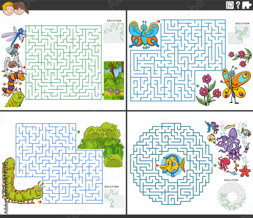 maze activities set with cartoon insects and marine animals