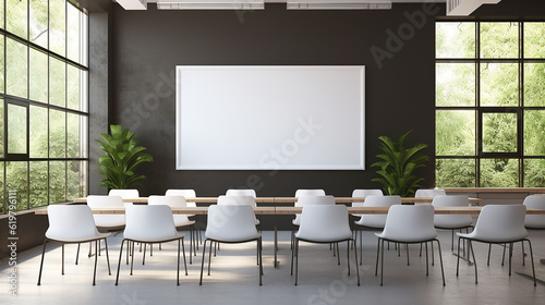 A classroom or presentation room. White chairs, panoramic windows with white copy space and a chalkboard on the wall., Generative AI