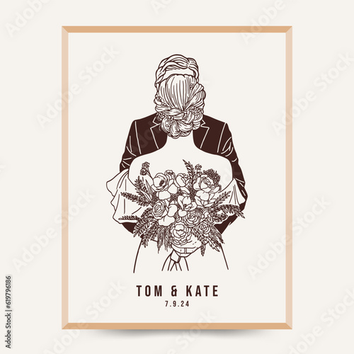 back of a wedding couple illustration line art style