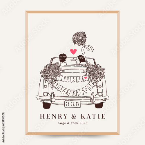 Wedding car with bride and groom illustration line art style