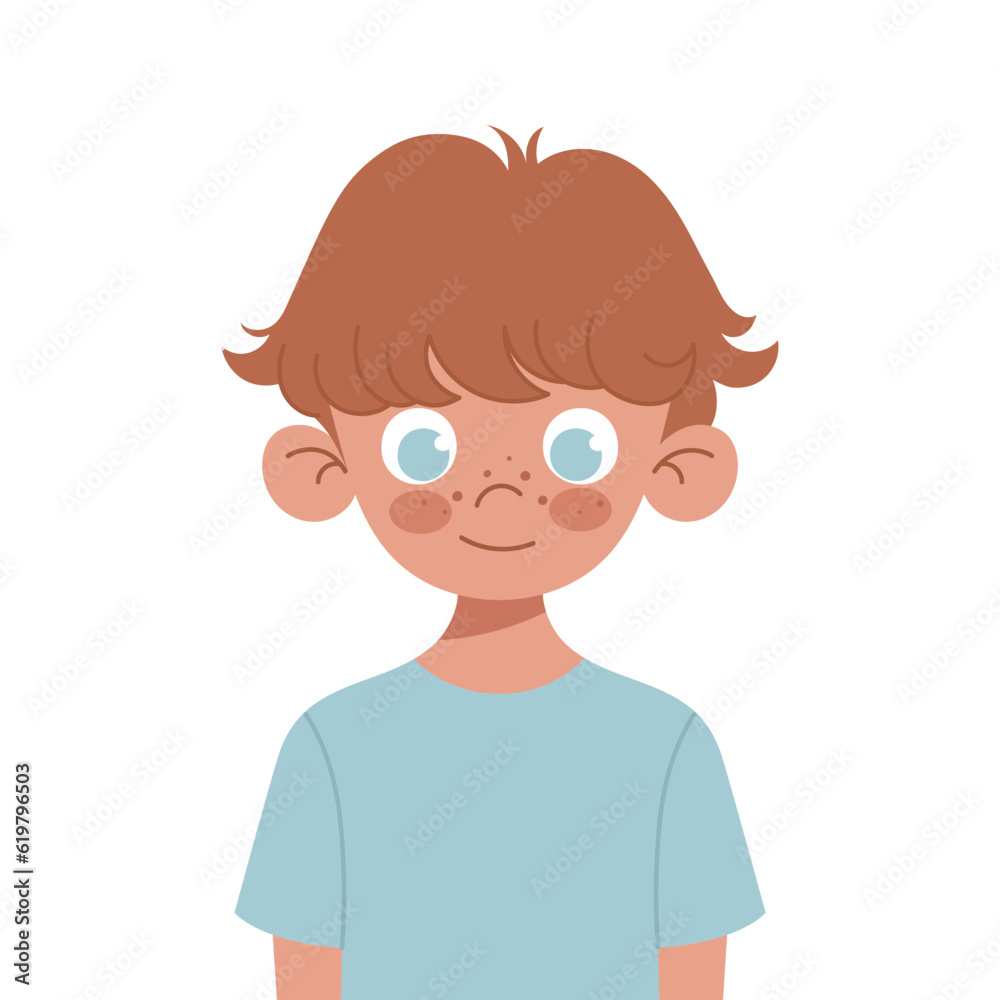 Vector cartoon funny little boy isolated on white background. Blue-eyed cheerful baby with red hair and freckles Vector cartoon funny little boy isolated on white background. Blue-eyed cheerful baby with red hair and freckles