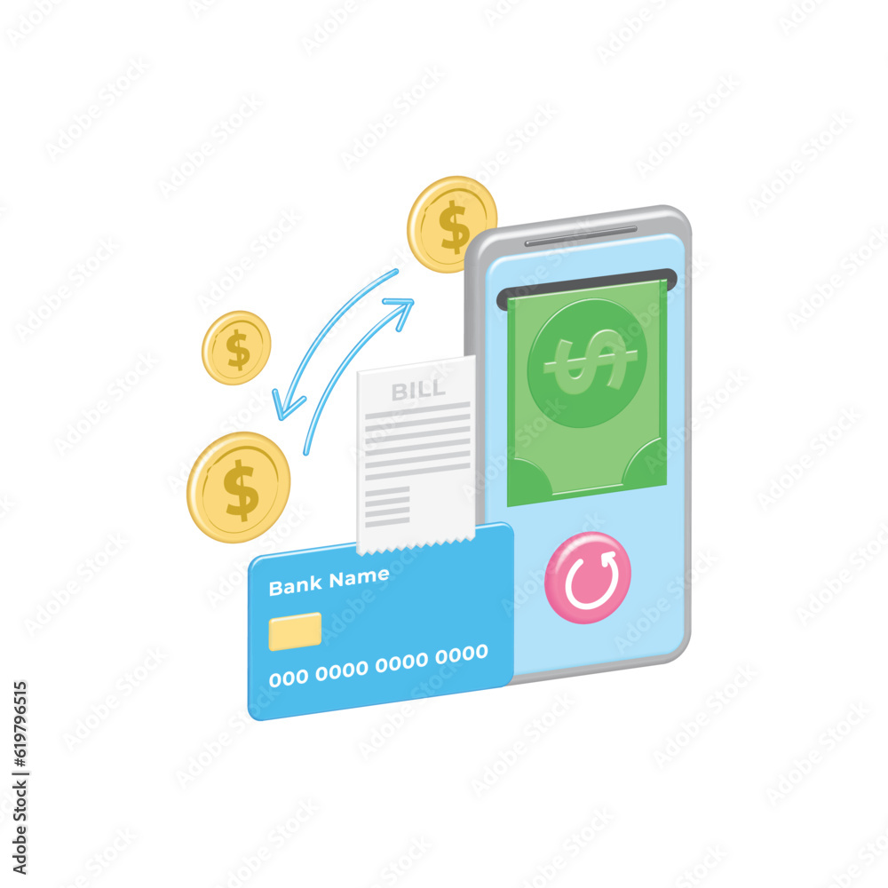 Obraz premium Bank transfer of funds, finance in smartphone. Successful debit, credit card transaction with check, invoice, receipt on Internet. 3d Golden coins. Vector cash back. Refunds, withdrawals. Business.
