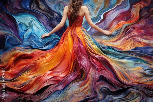 Multi-colored dress made of liquid paints. Generative AI