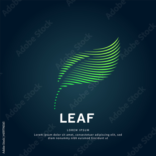 simple logo leaf Illustration in a linear style. Abstract line art green leaf Ecology Logotype concept icon. Vector logo leaf color silhouette on a dark background. EPS 10