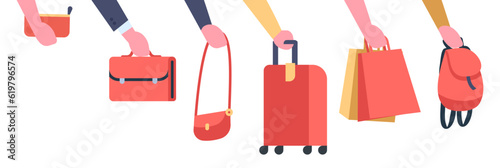 Womens hands holding various bags. Carrying clutch or shopping handbags. Travel baggage. Man with business briefcase. School backpack. Purse with strap. Casual accessory in arm vector set