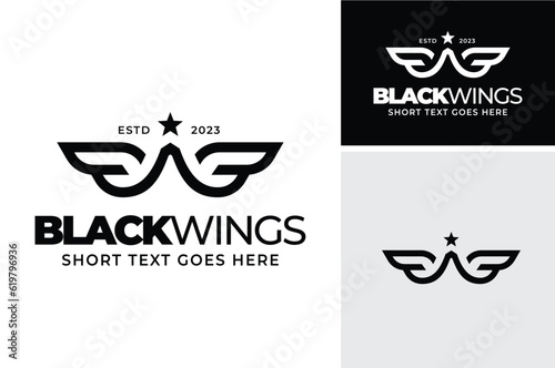 Initial Letter B Black Bold W BW WB with Angel Wings or Eagle Falcon Hawk Bird Wingspan for Rebel Clothing Apparel logo design