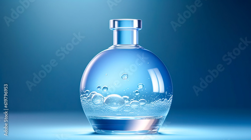 Transparent bottle of perfume on a blue background, generative AI.