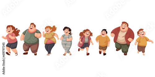 Set of cute happy fat people and children, cartoon vector illustration