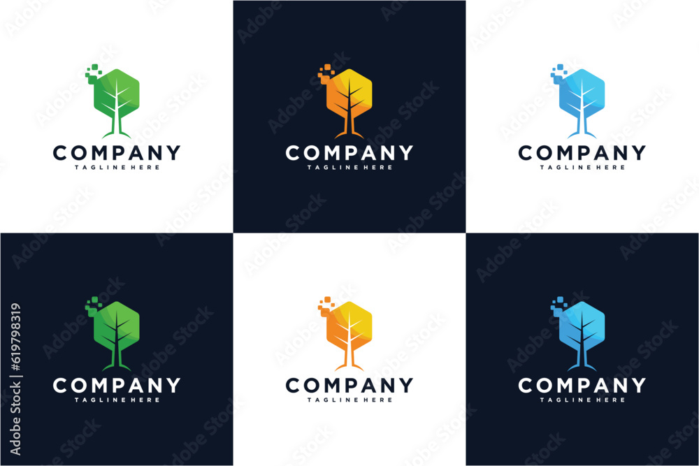 Green pixel tree logo design template, creative technology logo symbol, Leaf Tech logo design