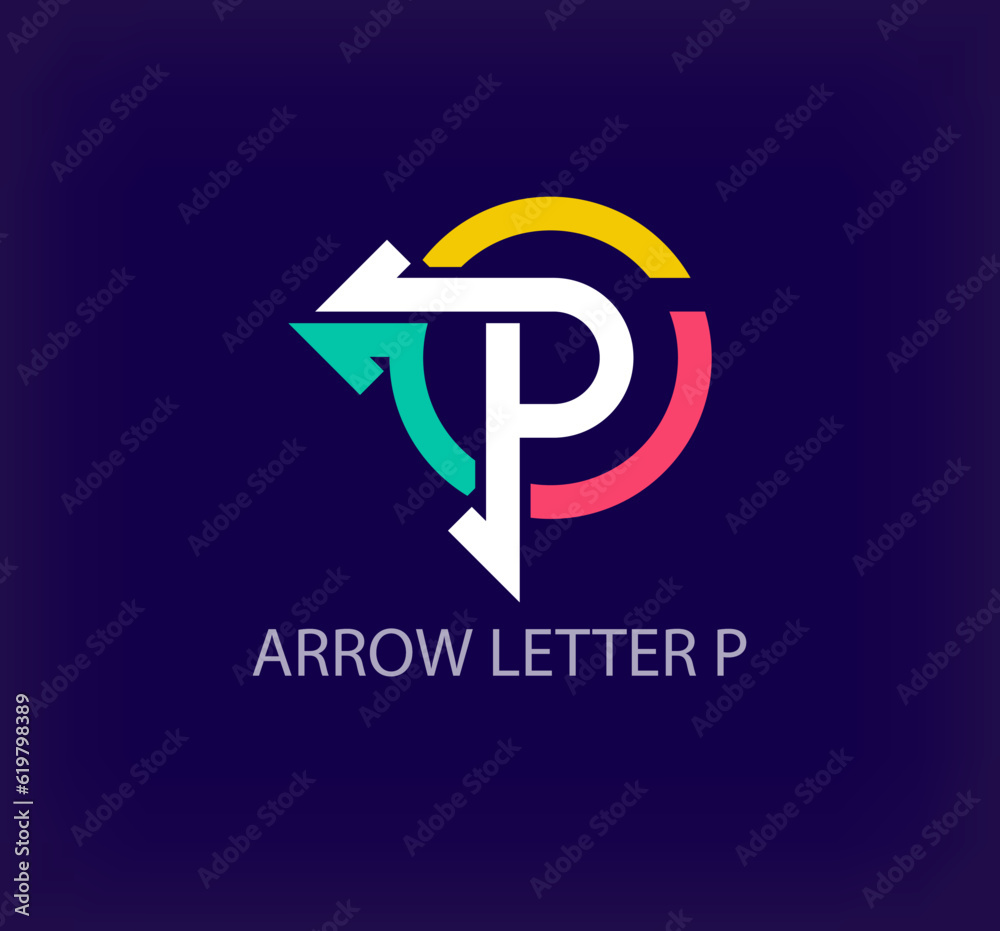 Arrow round logo design from creative letter P. Unique colorful arrow corporate company logo. Company initials corporate vector. Arrow round logo design from creative letter P. Unique colorful arrow corporate company logo. Company initials corporate vector.