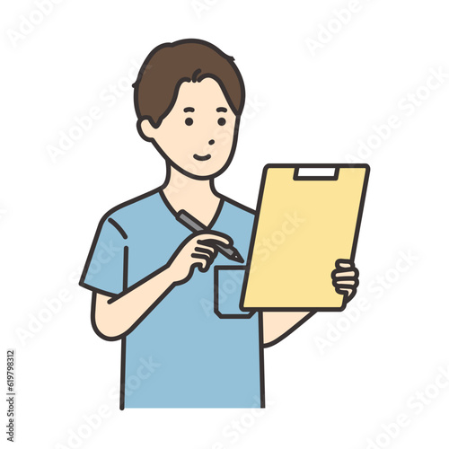 カルテに記入する看護師の男性のイラスト