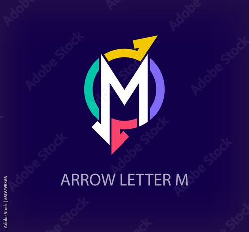Arrow round logo design from creative letter M. Unique colorful arrow corporate company logo. Company initials corporate vector.