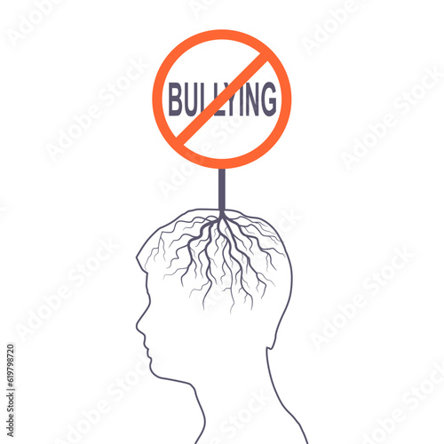 Stop Bullying Road Sign Rooted in Human Head. Stop Bullying and Child Abuse in the School. Verbal, Social, Physical and Cyberbullying concept.