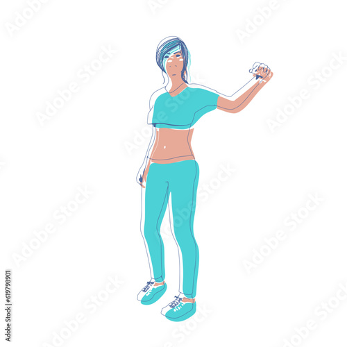 Standing woman. Sport girl illustration. Casual sportwear - t-shirt, breeches and sneakers. Young woman wearing workout clothes. Sport fashion girl outline in urban casual style.