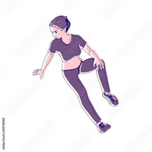 Sitting woman. Sport girl illustration. Casual sportwear - t-shirt, breeches and sneakers. Young woman wearing workout clothes. Sport fashion girl outline in urban casual style.