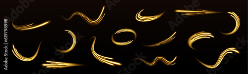 Stardust trail. Cosmic glittering wave. Vector golden sparkling falling star. Shining lights in motion with small particles. Ring of fire, Plasma ring on a dark background. 