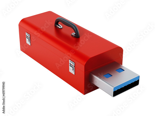 Red toolbox with usb 3.0 plug. Transparent background. 3D illustration