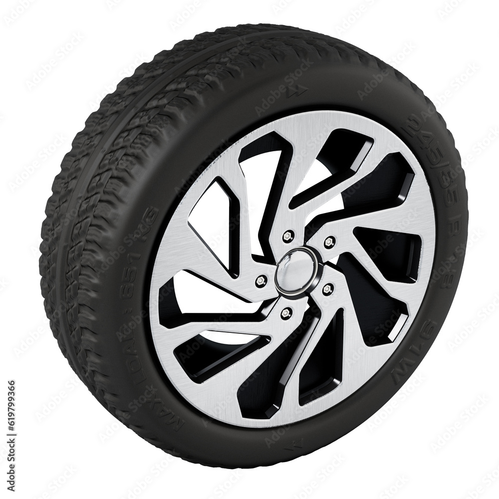 Low profile sport tyre and rim isolated on transparent background. 3D illustration