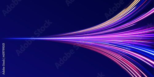 Neon stripes in the form of drill, turns and swirl. Illustration of high speed concept. High-speed light trails effect. Futuristic dynamic motion technology. 