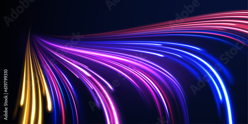 High-speed light trails effect. Futuristic dynamic motion technology. Neon color glowing lines background, Purple glowing wave swirl, impulse cable lines. 