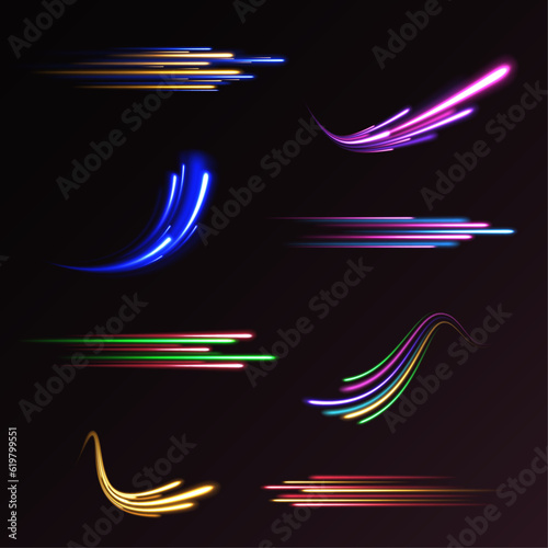 Green, red, pink and blue light or fire of rocket, comet, magic weapon rays isolated on transparent background. light road in the form of a swirl, neon color. Speed line with sports cars. 