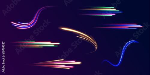  Big set of light neon lines in the form of swirl and spirals. Falling fireball meteorite. Vector illustration of a burning falling fireball meteor. 